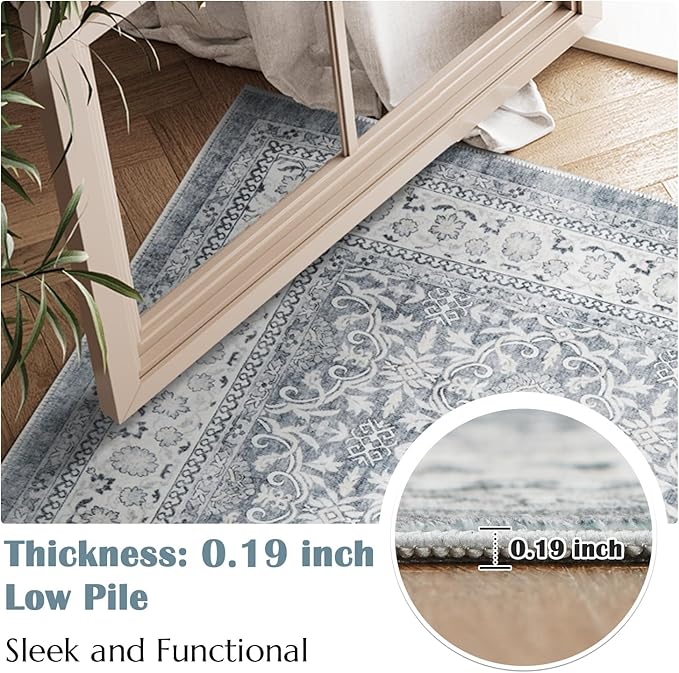 jinchan Floral Area Rugs 4x6 - Machine Washable Vintage Distressed Boho Design Throw Rug Stain Resistant Carpet Low Pile Ultra-Thin Non-Slip for Bedroom Living Room Dining Room Kitchen (4‘x6',Grey)
