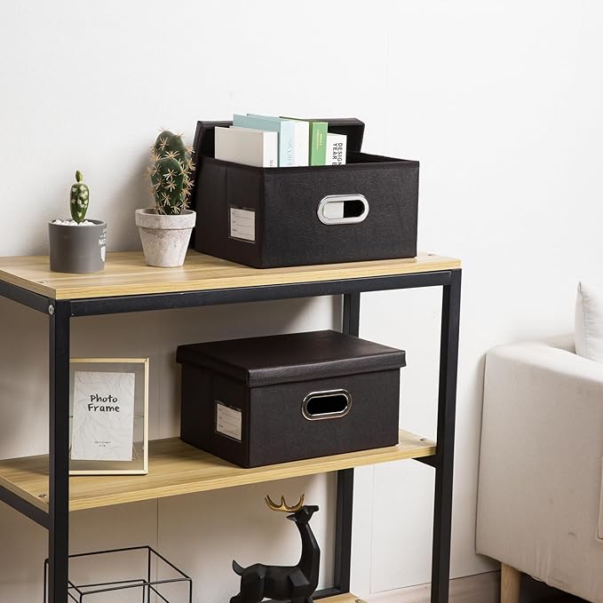 PRANDOM Collapsible Storage Box with Lid [3-Pack] Leather Fabric Foldable Storage Bin Organizer Container Basket Cube with Cover for Home Bedroom Closet Office Nursery Black(13.6x9.6x6.9)