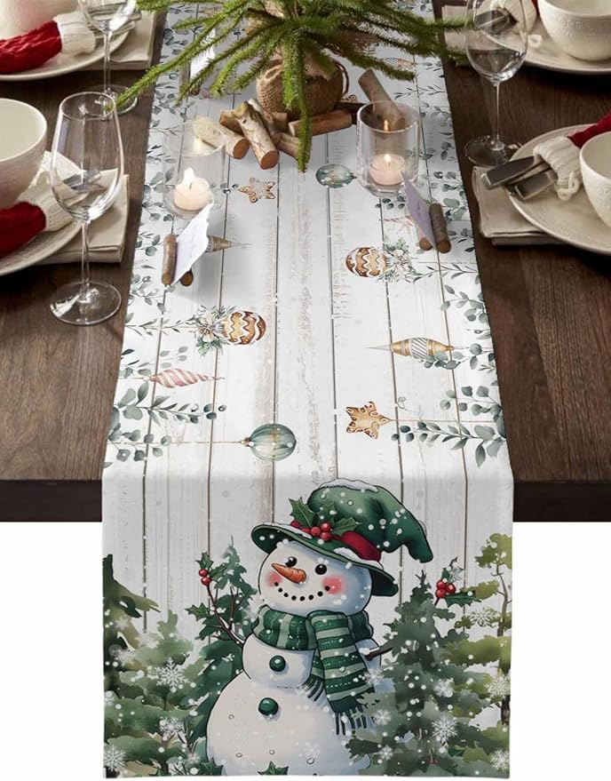 Christmas Snowman Table Runner 48 Inches Long, Xmas Trees Eucalyptus Leaves by Unknown