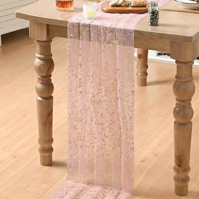 Artoid Mode 3PC Gold Gauze Pink Table Runner 120 Inch 10FT, Glitter Metallic - Image 5