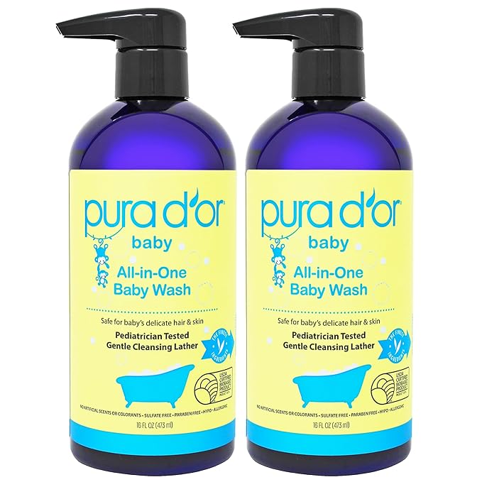 PURA D'OR All-in-One Baby Wash (16 Oz x2 = 32 Oz) USDA Biobased, Zero Sulfates, No Artificial Scents, Tear-Less, Hypoallergenic, Gentle, Calming 2-in-1 Baby Bath Wash & Shampoo