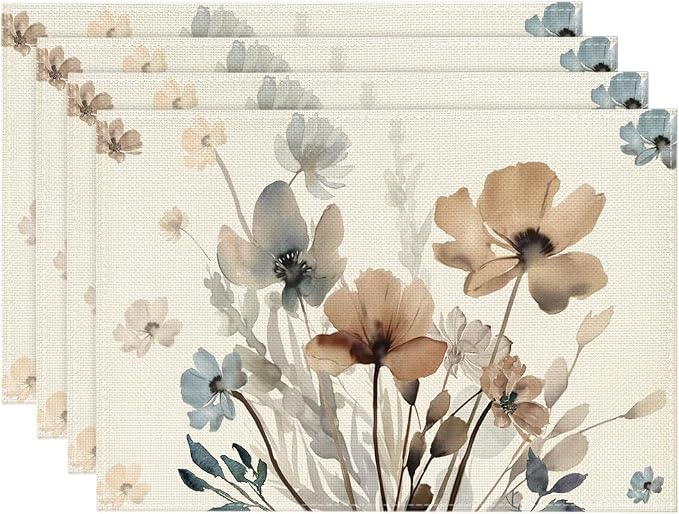 Artoid Mode Brown Poppy Floral Leaves Fall Placemats Set of 4, 12x18 Inch by ArtoidMode