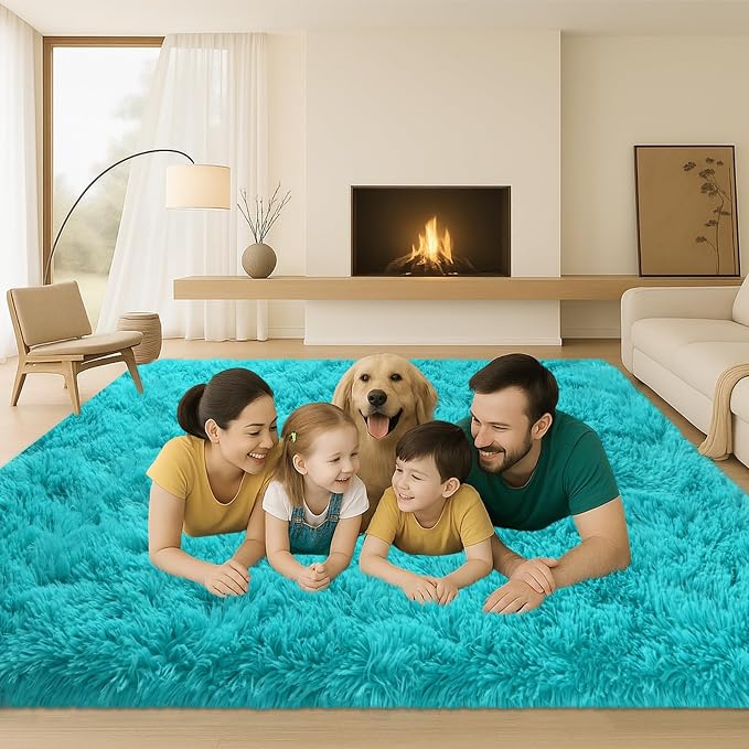 Teal Blue Plush Rug 6x9, Fluffy Shag Carpet Non-Slip, Area Rug - Image 3