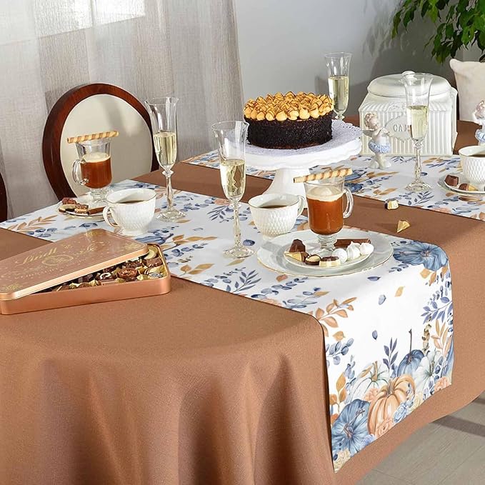 Blue Pumpkin Fall Table Runner 60 Inches Long, Thanksgiving Floral Eucalyptus - Image 5