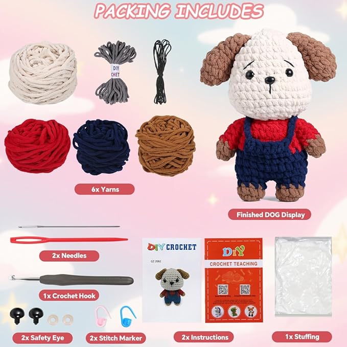 Crochet Animal Kit – 10in Adorable DOG, Amigurumi Crochet Kit For Intermediate Advanced Level, Kids Knitting Kit With Detailed Videos Tutorials, Yarn, Crochet Hook, Best Gift For Crochet Lovers(DOG)