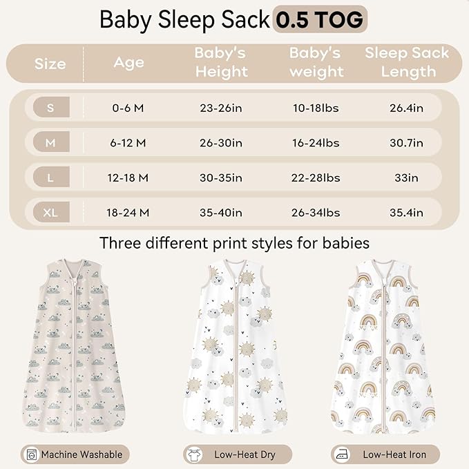 Baby Sleep Sack 0-6 Months 0.5 Tog Wearable Blanket Baby, 3 Pack 100% Cotton Lightweight Sleeping Sack with 2-Way Zipper for Newborn Infant Apricot White Sun Clouds