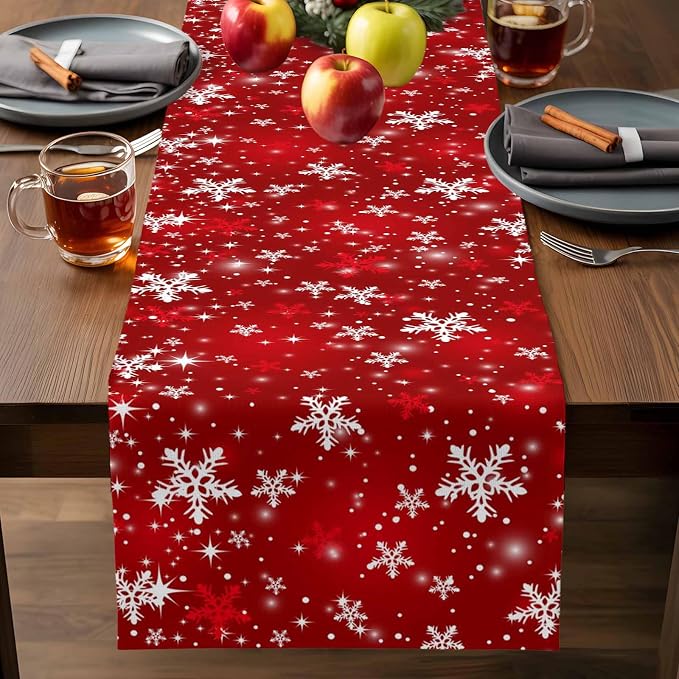 Red Christmas Table Runners 108 Inches Long, Cotton Linen Fabric Snowflake - Image 7
