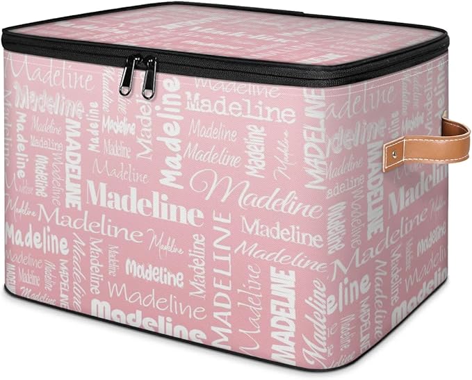 Custom Storage Basket with Name, Personalized Storage Bins with Zipper Lid, Foldable Fabric Storage Box Large capacity with Handle Pink