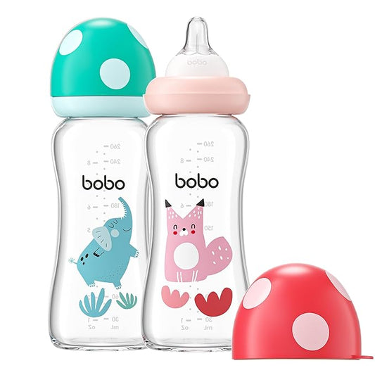 YOHKOH Natural Glass Baby Bottle with Natural Response Nipple, Newborn Anti-Colic Baby Bottles, Wide Neck Mushroom Cap Baby Bottle, Clear (8.8ounce (Pack of 2), Multicolour2)