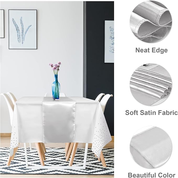 8Pack Disposable Plastic Tablecloths and Satin Table Runner Set White and - Image 3
