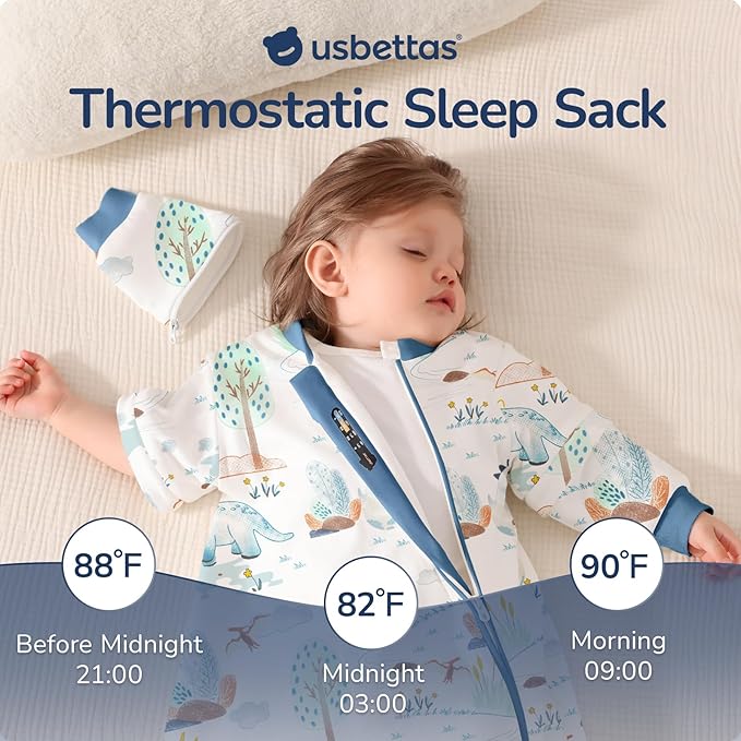 Baby Sleep Sack 6-12 Months, Cotton Detachable Long Sleeve Sleep Sack, 2.5 Tog Toddler Sleeping Sack with Temperature Strips, 2-Way Zipper Wearable Blankets for Newborns, Dinosaur