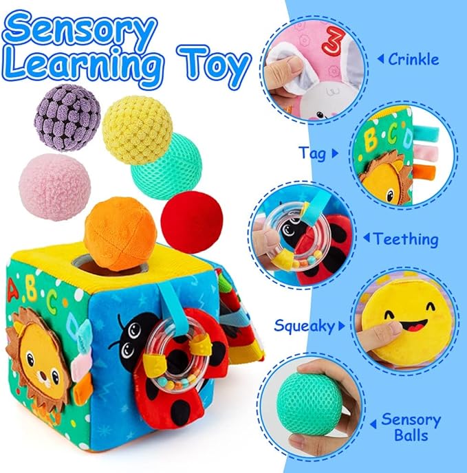 beetoy Sensory Busy Cube for Baby, Montessori Infant Toys with Textured Sensory Balls, Early Learning Travel Toys for Fine Motor Skills, Perfect Newborn Boy and Girl Gift