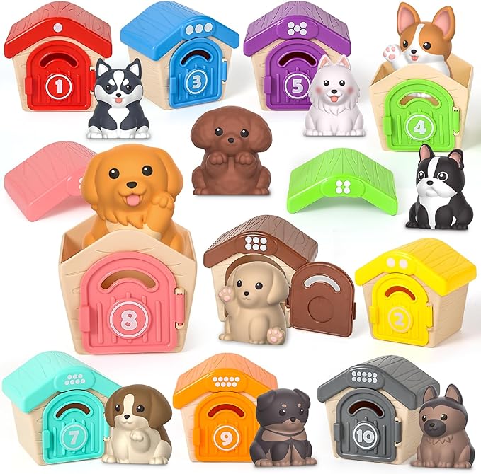 Toddler Toys for 1 2 3 Year Old, 20 Pcs Dog Toys for Kids, Montessori Educational Counting, Matching & Sorting Motor Skills, Christmas Birthday Gifts for Baby Boy Girl Aged 12-18 Months