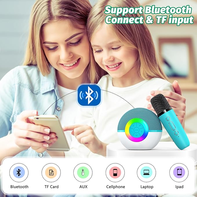 goopow Mini Karaoke Machine Speaker for Kids Adults, Portable Bluetooth Microphone Song Toys with LED Light, Best Chritmas Birthday Festival Gift for 3 4 5 6 7 8+ Year Old Girls Boys (Green-2MIC)
