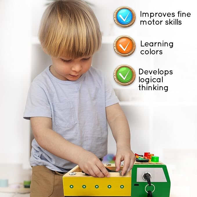 Toddler Montessori Busy Board - Wooden Educational Toy with Lights, Switches, Relay, Key, Bulbs, Sensory Board on Wheels - Preschool Motor Skills Learning Activities - Christmas & Birthday Gift