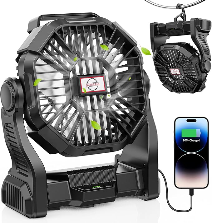 30000mAh Portable Battery Powered Camping Fan - with LED Light, Quiet Battery Operated, Camping Gear for Travel, Tent, Beach, Car or Hurricane Power Outages, Black