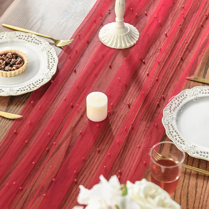 Artoid Mode 3PCS Pearl Red Gauze Table Runner 120 Inch 10FT, Seasonal Sheer - Image 3