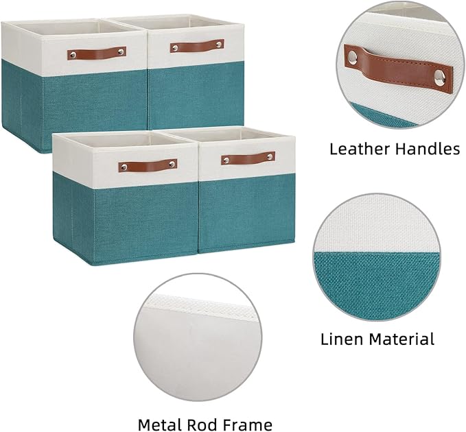 HNZIGE Fabric Storage Cube Bins Baskets for Organizing, 11 inch Cube Storage Bins, Set of 4, Collapsible Storage Bin with Handles, Closet Organizers and Storage Home Toy Nursery Bedroom(White Teal)