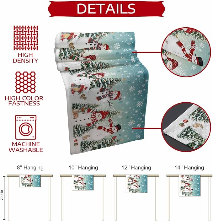 Teal Christmas Snowman Table Runner 120 Inches Long, Xmas Trees Snowflake Table - Image 7
