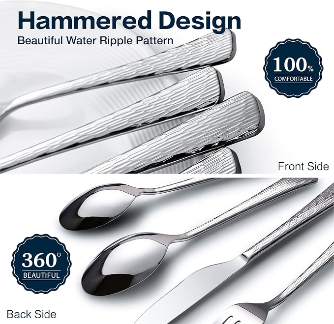 Silverware Set for 8, 40 Piece Flatware Set, 18/10 Stainless Steel | Hammered - Image 4