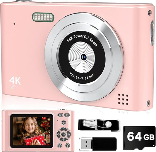 Digital Camera, 44MP Full HD 1080P Point and Shoot Camera with 64GB Card, Anti Shake 16X Zoom Compact Volg Cameras, Portable Small Digicam Gift for Kids, Ages Teen Girl Boy - Pink