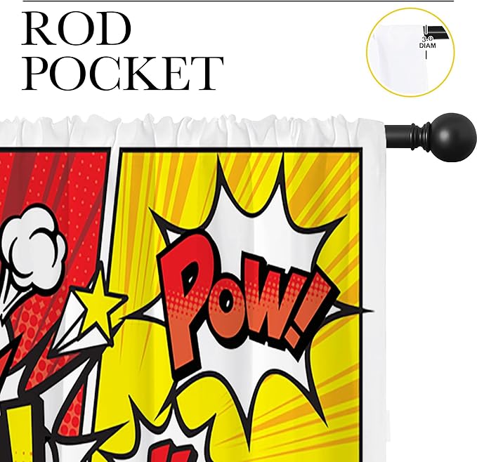 Superhero City Wars Explosion Rod Pocket Blackout Curtains for Boy Girl Bedroom, Colorful Comics Ar Home Energy Efficient Light Filtering Window Curtain for Living Room, 63x63 inch
