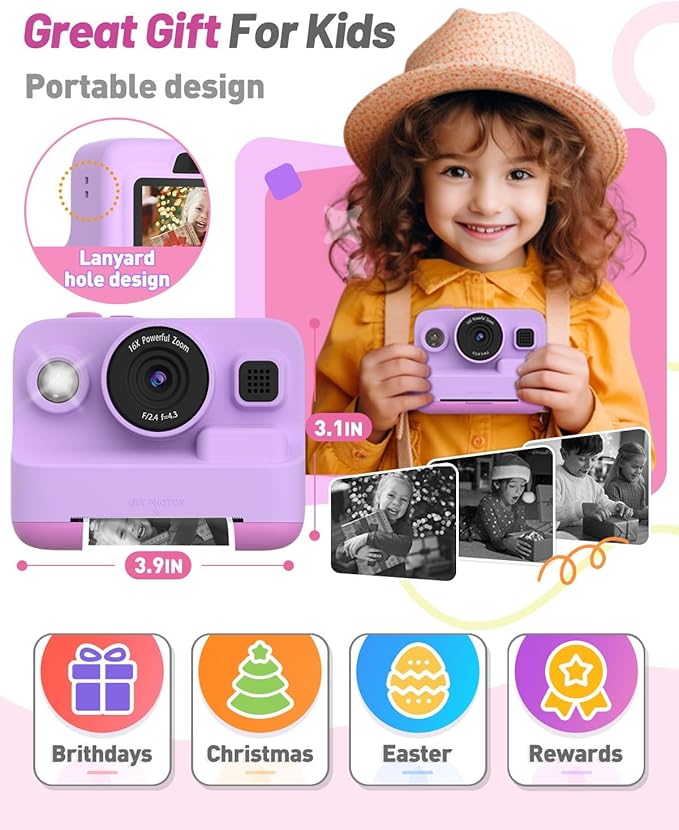 Instant Print Camera for Kids, Christmas Birthday Gifts for 3-12 Year Old Girls Boys, 2.4in Screen 1080P Video Digital Camera Toys for Kids Age 4 5 6 7 8 9 10 with 3 Rolls Print Paper 32G Card