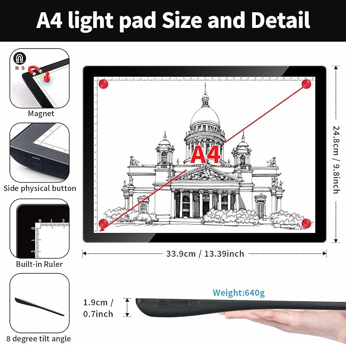 Rechargeable A4 Light Box for tracing,Magnetic Light pad Built-in 2500mAH Battery,5 Levels of Brightness Light Table,Portable Light Board for Diamond Painting Drawing,Sketching,Animation,X-ray