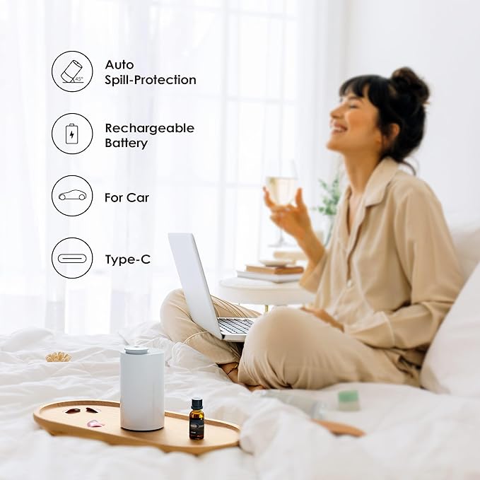 Waterless Diffuser for Essential Oil, Battery Operated Nebulizer, 0.7 Fl.Oz./ 20mL Capacity, Mini Scent Air Machine, 3 Countdown Timers & 3 Mist Levels for Home, Room, Car, Office - AN6 Yogurt