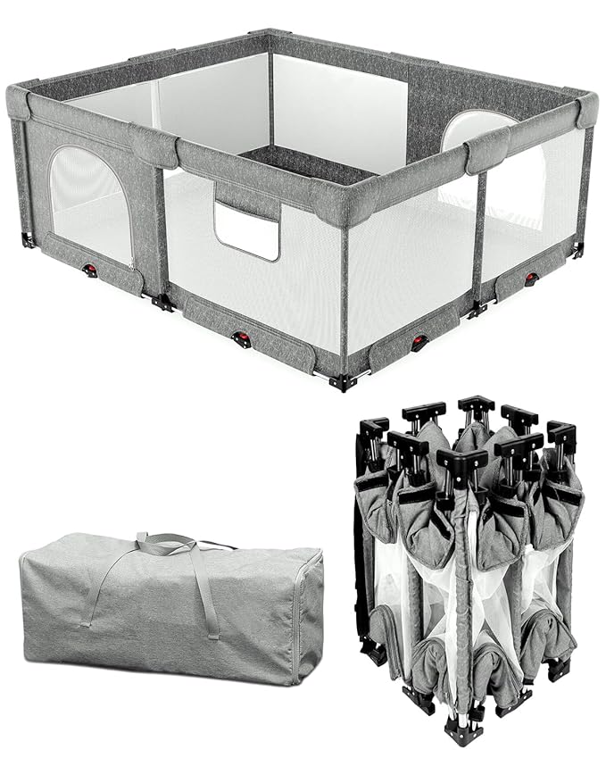 Foldable Baby Playpen with Non-Removable Thick Mat, Extra Large Collapsible Play Yard for Babies & Toddlers, Portable Travel Playpen with Gate, Safe Activity Center (59"×71" Grey)