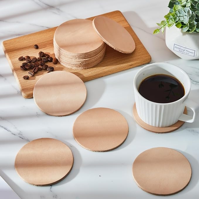 Bulyoou 100 Pcs Round Vegetable Tan Leather Coaster 3-1/4" Circular Tooling | - Image 6