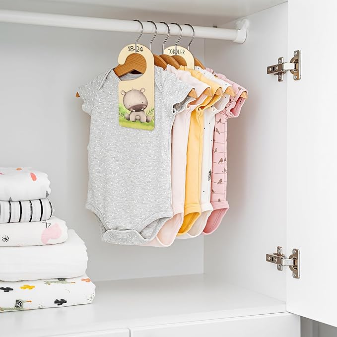 Whaline 8Pcs Baby Closet Size Dividers Watercolor Safari Animals Hanging Wooden Baby Closet Organizer Newborn to 24 Months Thicken Baby Wardrobe Organizer