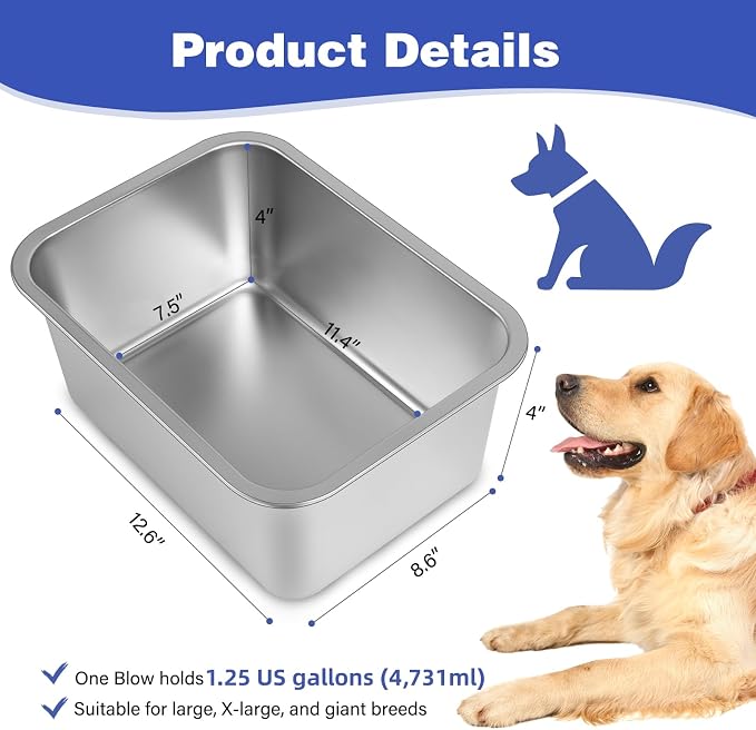 1.25 Gallon Dog Water Bowl, 2 Pack Stainless Steel Dog Bowls | 12.6 x 8.7 x 3.9 - Image 2