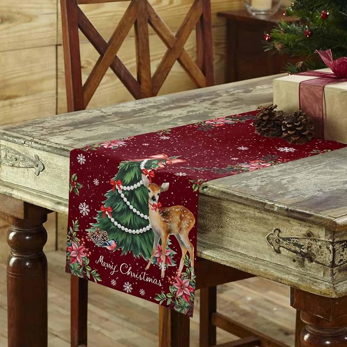 Christmas Reindeer Table Runners 70 Inches Long, Cotton Linen Fabric Red Table - Image 3