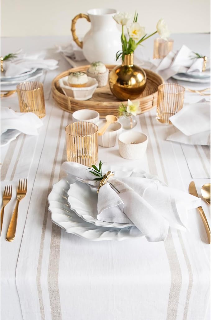 Solino Home 100% Linen Table Runner, 14 x 156 in, Natural and White Striped | - Image 2