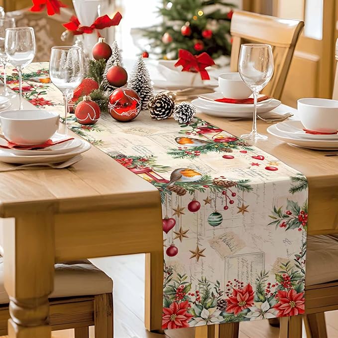 Christmas Poinsettia Table Runner 70 Inches Long, Winter Xmas Balls Birds Table - Image 9