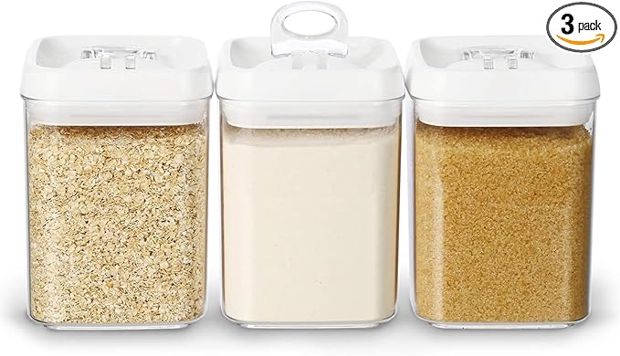 Felli Flip Tite Food Storage Containers With Lid 5" LARGE Airtight Ring Lock Flip Top, Square Acrylic Canister Jar for Rice Sugar Flour Protein Powder, Kitchen Pantry Organizer, Gift Set (1.8qt)