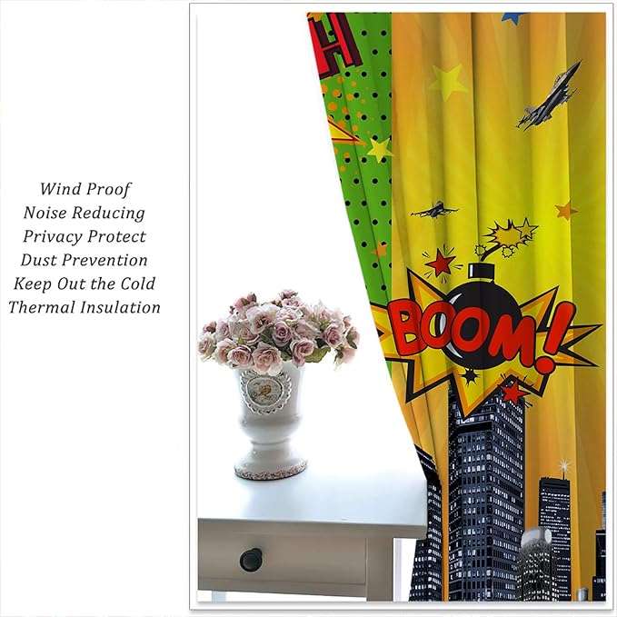 Superhero Rod Pocket Blackout Curtains for Boy Girl Bedroom, City War Explosion Comics Art Thermal Insulated Home Window Drapes for Living Room Darkening, 84x72 inch