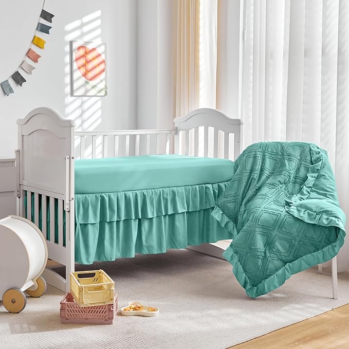 Tufted Ruffle Crib Bedding Set 3 Pieces Baby Girls Boys Boho Quilted Comforter with Fitted Sheet and Bed Skirt - Cute Ruffled Shabby Chic Baby Bedding Soft Blanket Design Teal Blue