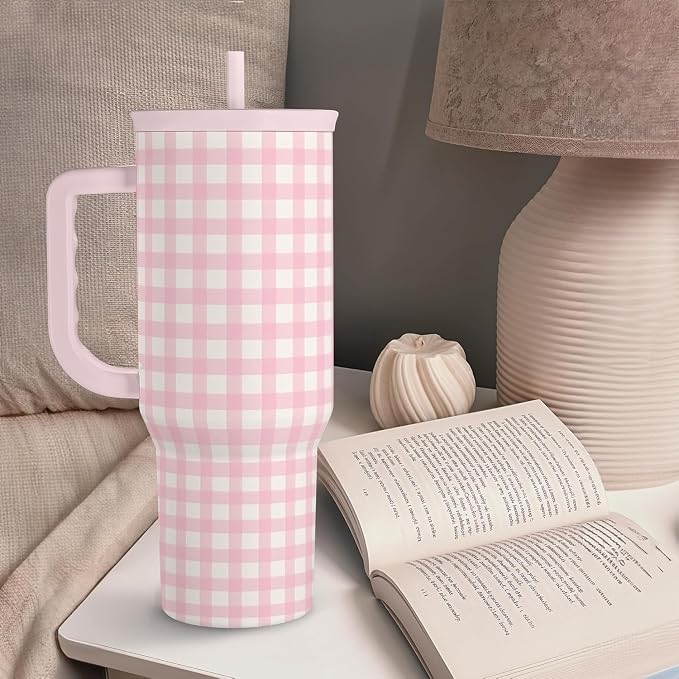 SANDJEST Pink Gingham 40oz Slider Tumbler - Image 6