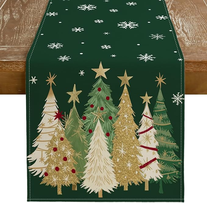 Christmas Table Runner 13x48 Inch, Xmas Trees Snowflakes Holiday Decorative by GEEORY