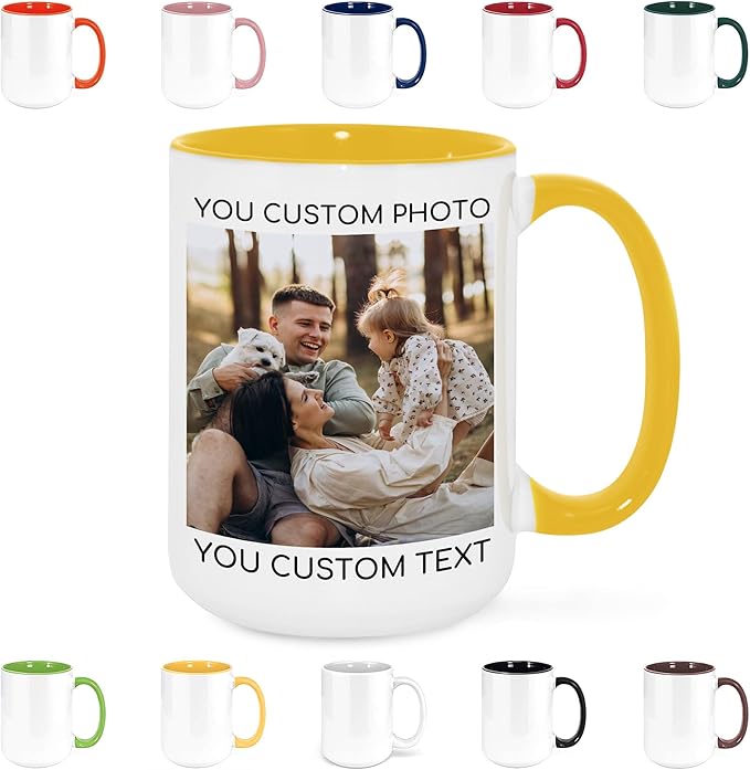 Custom Mug Upload Your Picture Personalized Coffee Mug with Photo Text Name Customized Cup Unique Ideas Gifts for Men Women Mom Dad Girlfriend Boyfriend Friend Family (Yellow, 15oz)
