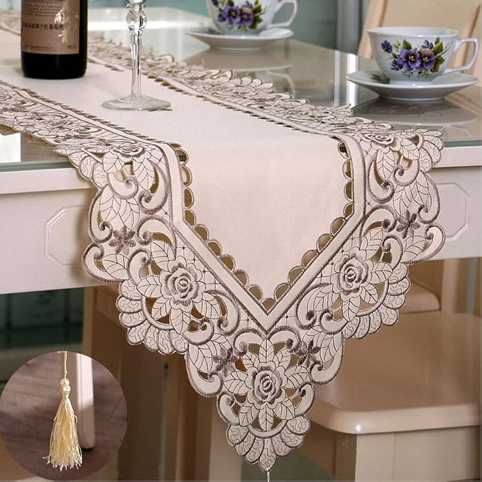 LeLehome 15 Inch X 58 Inch Classic Table Runner, Flowers Embroidery Satin - Image 2