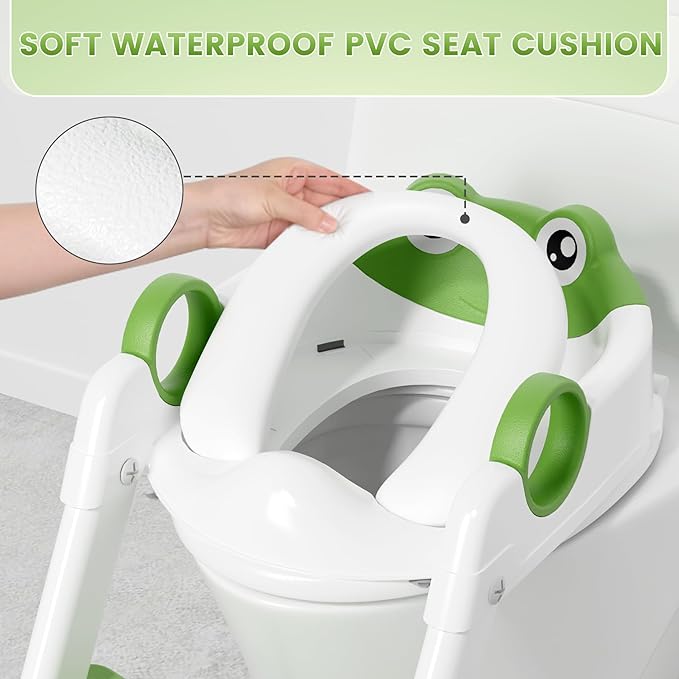 Frog Toilet Seat, Potty Training Seat for Toddler, Upgrade Potty Training 2 in 1 Toddler Toilet Seat for Boys Girls,Waterproof Soft Mat Non-Slip Step Stool