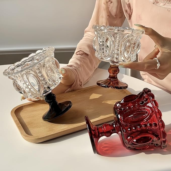 Carnival Glass Vintage Footed Dessert Cups Set of 2, 9oz Embossed Goblet - Image 5