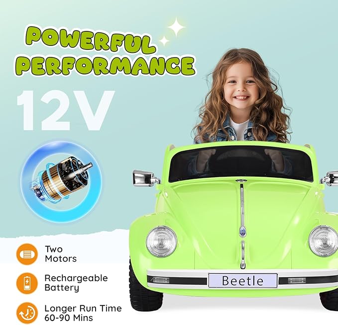 12V Kids Electric Car, Power Wheels with Remote Control, Ride on Car Toys with LED Light, 3 Speeds, Music, Green