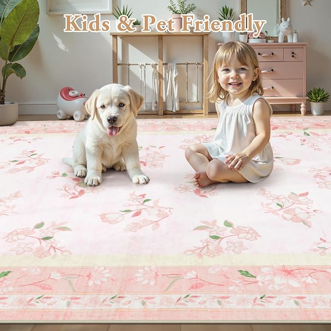 LIVEBOX 5x7 Soft Nursery Rug for Baby Girl, Light Pink Rug Non-Slip Faux Wool - Image 6
