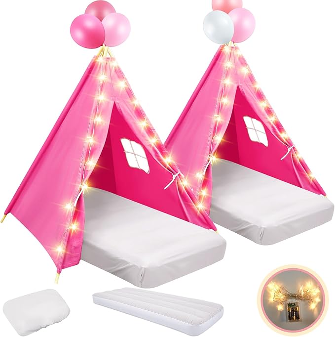 2 Pack Kids Teepee Tent with Mattress,Fitted Sheet,Light String,Washable Natural Cotton Toddler Play Tent for Girls Boys Indoor Outdoor Sleepover Slumber Birthday Party(Rose Red)