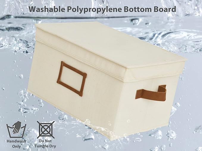 StorageWorks Large Storage Bins with Lids, Decorative Storage Boxes with Lid and PU Handles, Foldable Storage Baskets for Closet, Shelves, Stackable, Ivory, 3-Pack