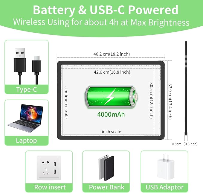 KOBAIBAN A3 Magnetic Light Box for Tracing, Rechargeable Diamond Art Light Board with Side Physical Buttons, 3 Color Light Modes Super Bright Light Pad Light Table for Drawing, Weeding Vinyl (Black)